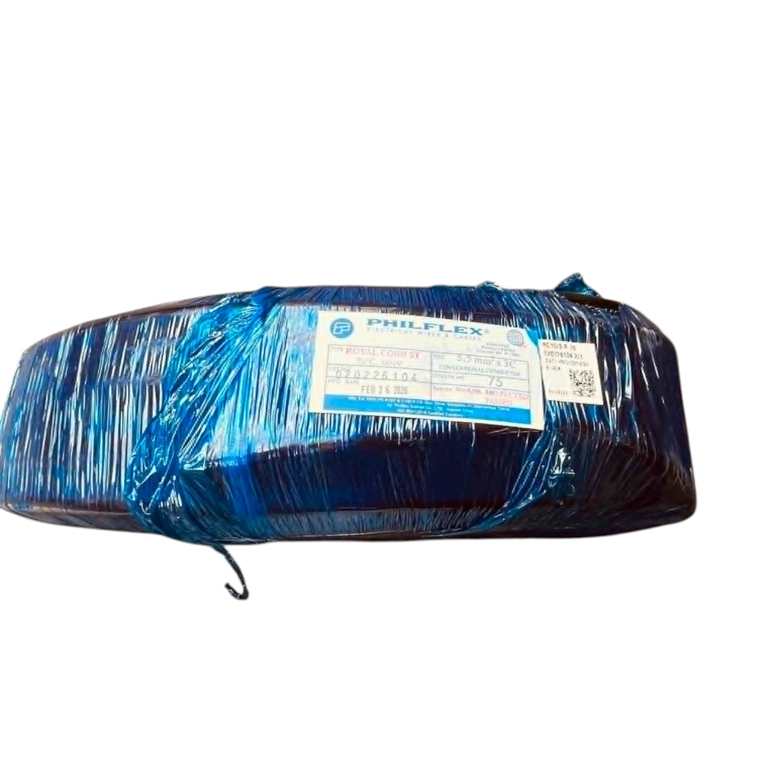 Blue plastic bag with a label on a white background