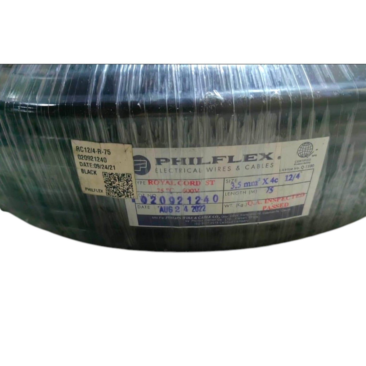 A spool of Philflex black electrical wire cable wrapped in protective plastic, featuring a white product label with specifications.