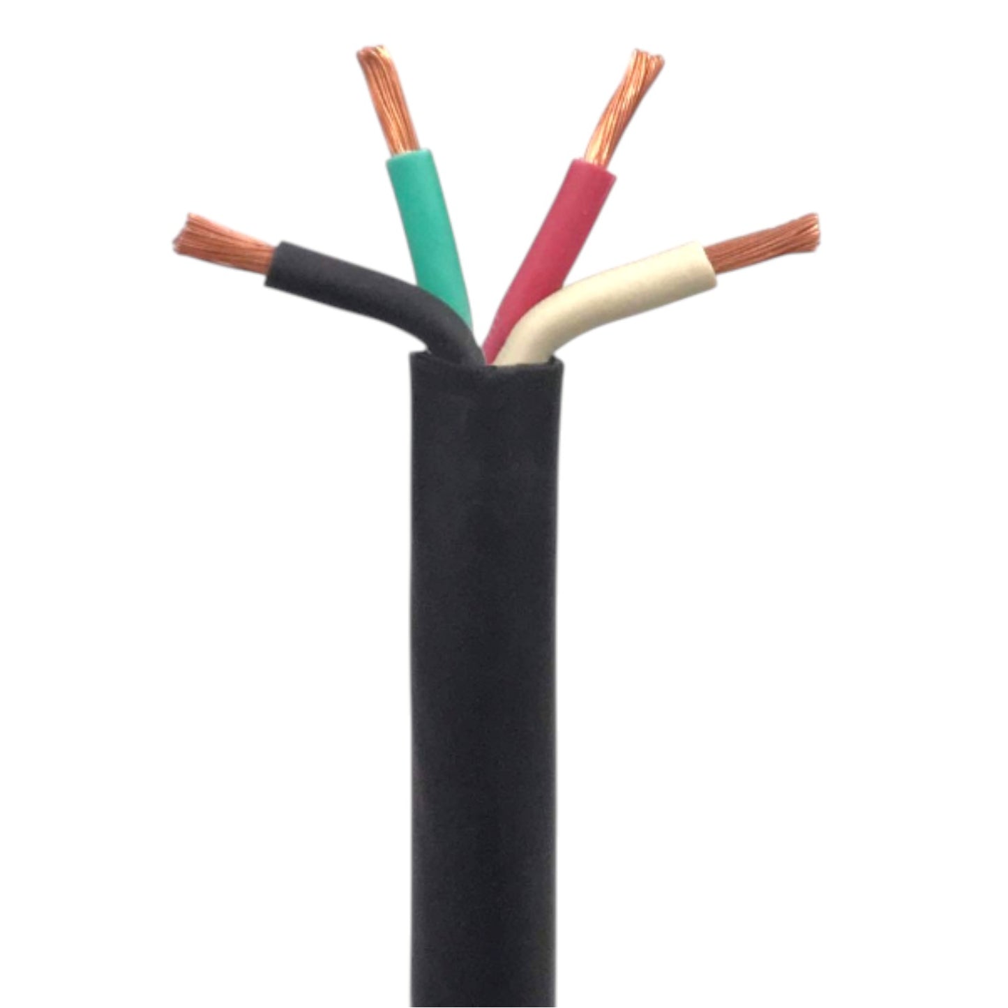 A close-up of a black electrical cable with four exposed twisted wire strands in black, green, red, and cream, showing the copper-colored inner conductors, on a white background.