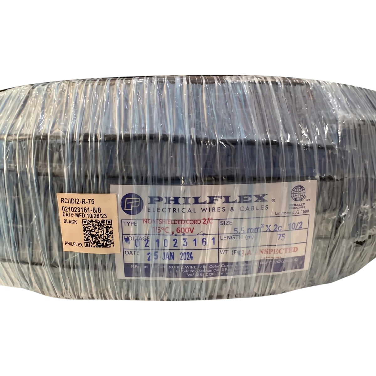 A large spool of PHILFLEX black electrical wire and cable, wrapped in clear protective plastic with a detailed product label visible on the front.