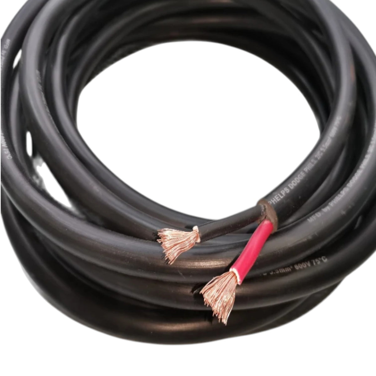 A coiled black electrical cable with two exposed copper wire strands and a red protective inner sheath, shown on a plain white background.