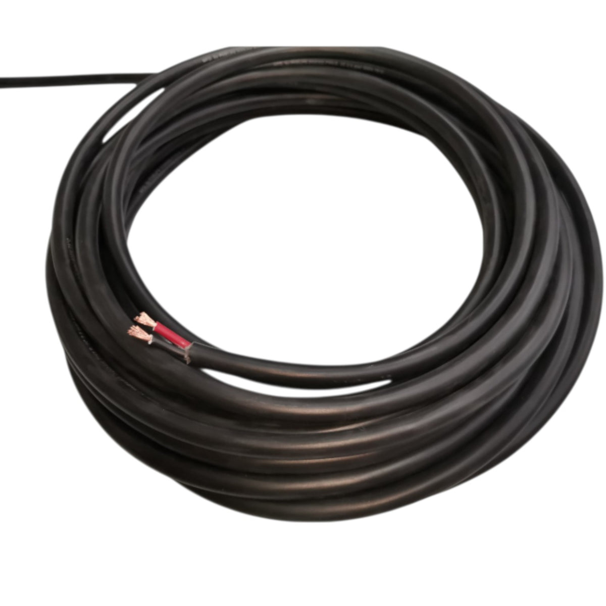 A coiled black cable or wire with two exposed copper-toned inner conductors, photographed on a plain white background.
