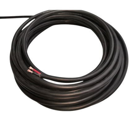A coiled black cable or wire with two exposed copper-toned inner conductors, photographed on a plain white background.