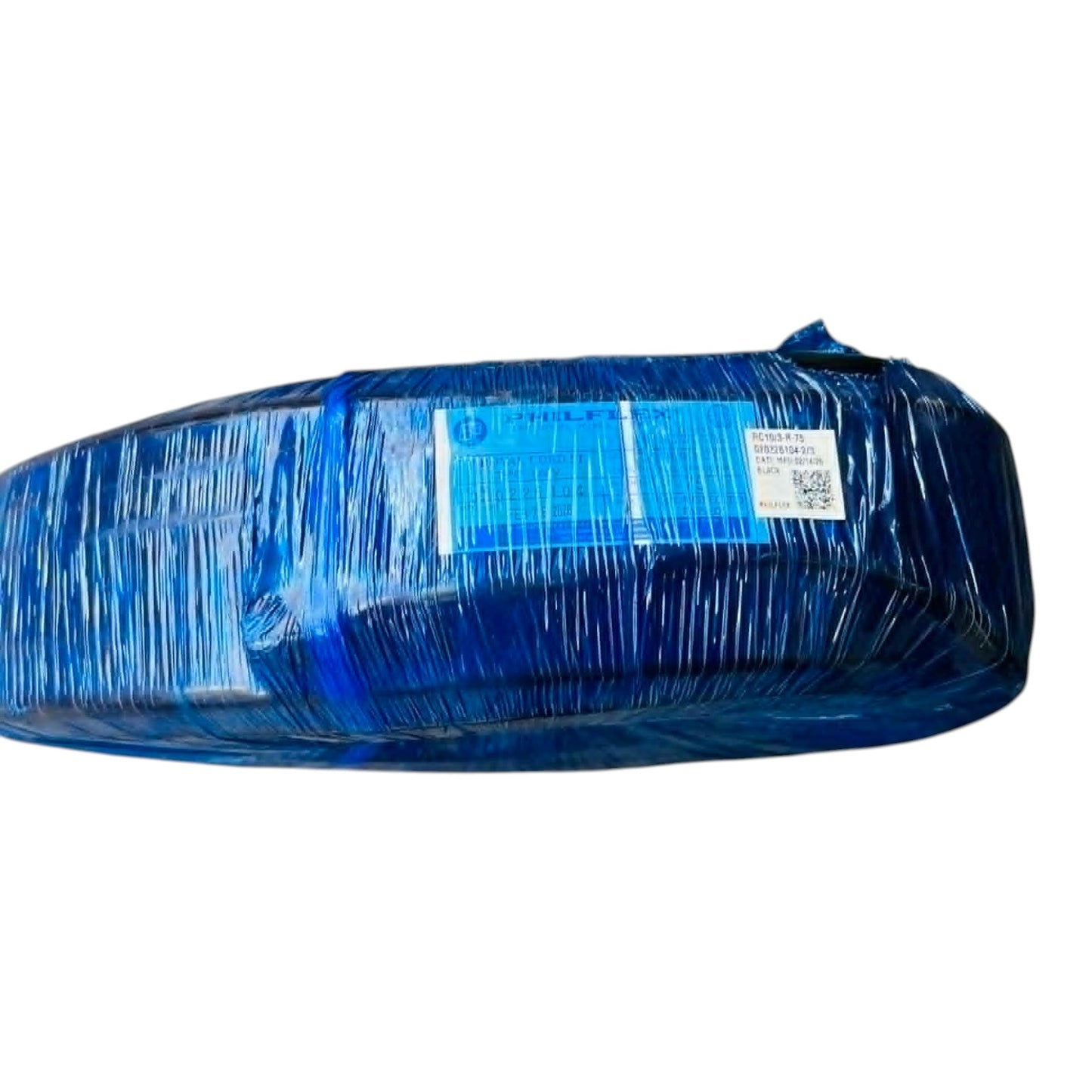 Blue plastic bag with a label on a white background
