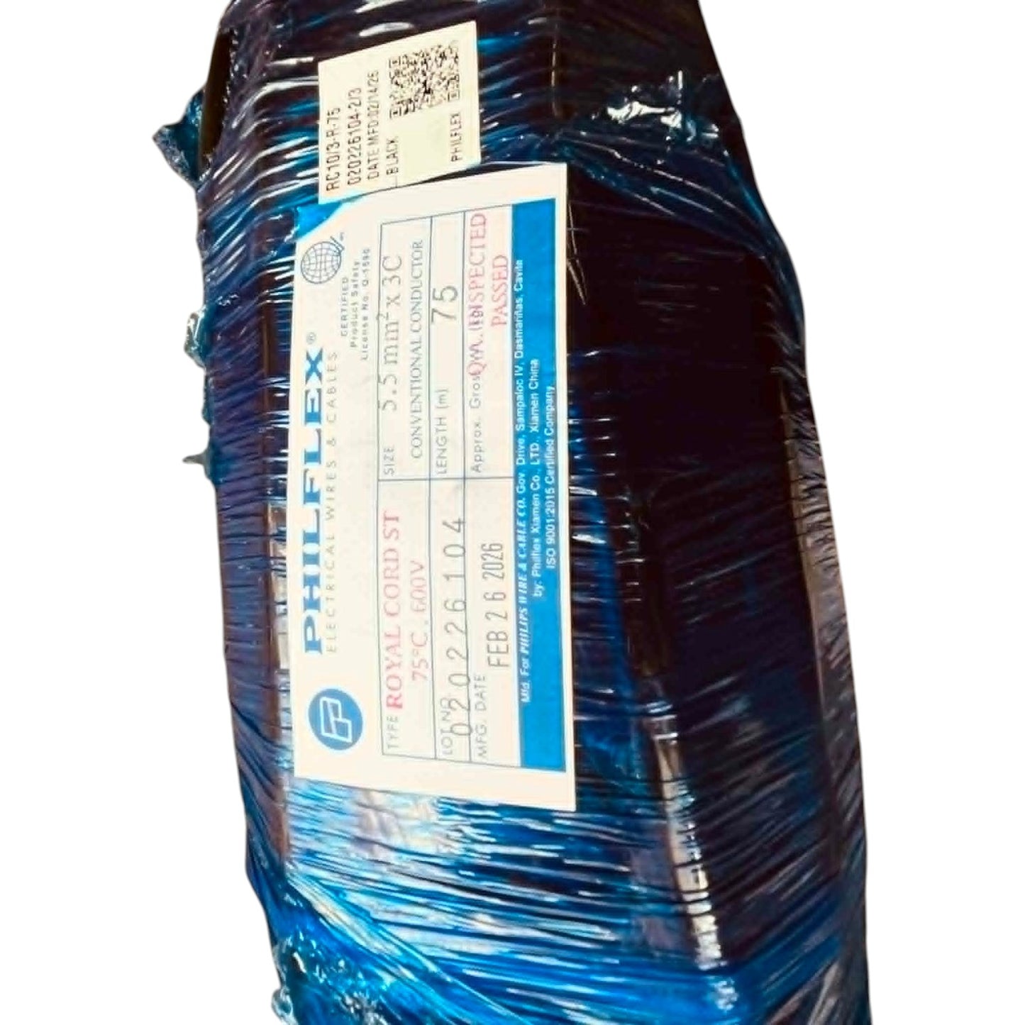Coiled blue cable with Phileflex label on a white background