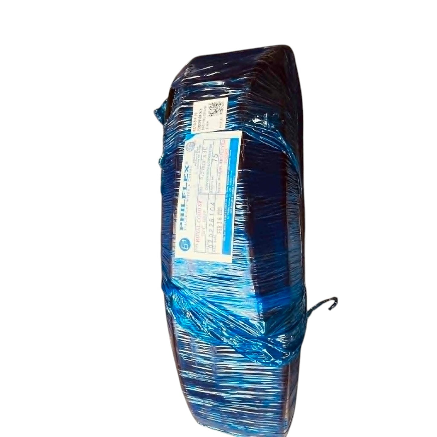 Blue plastic bag with a label on a white background