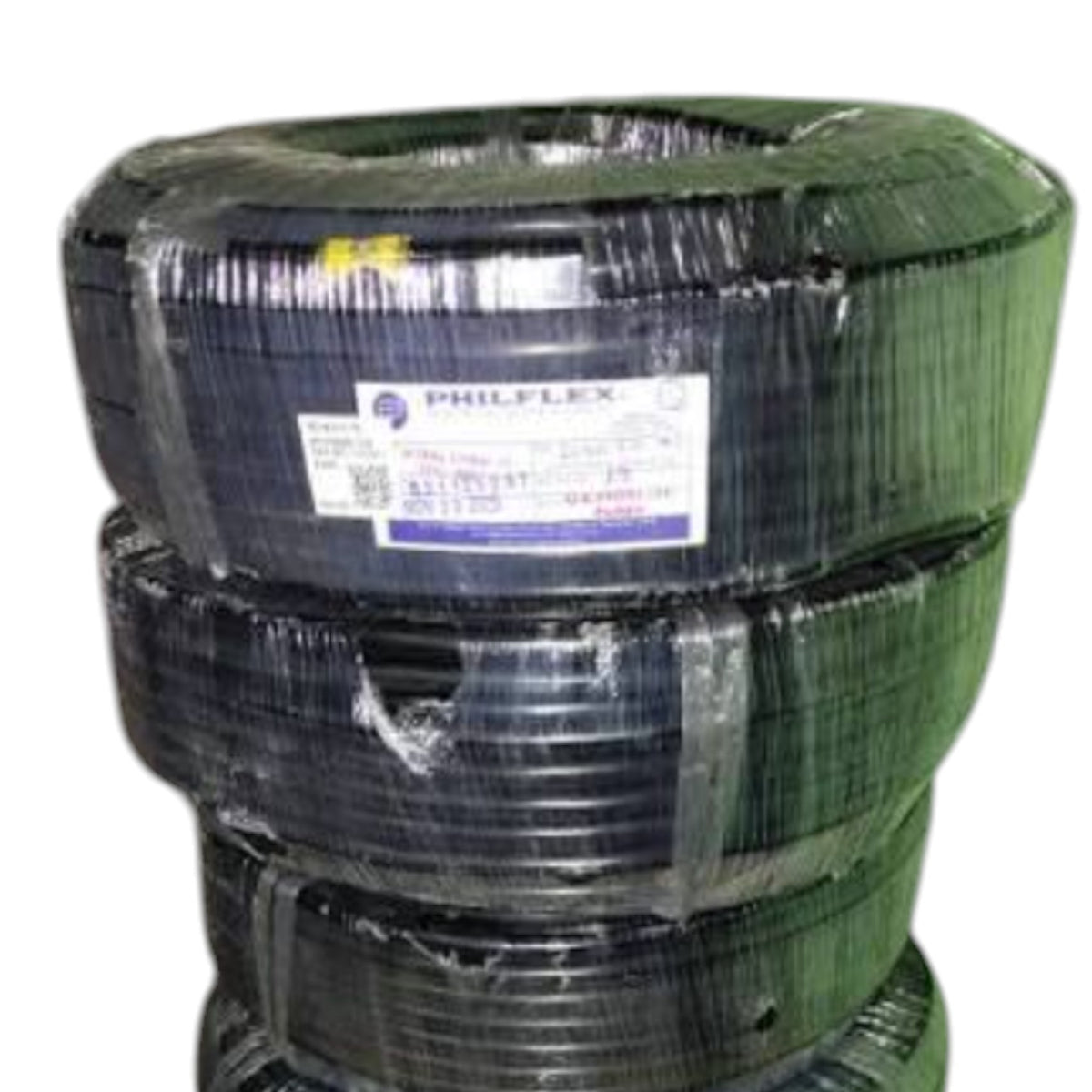 Three stacked coils of black Philflex cable wrapped in clear protective plastic, with a white brand label visible on the front, set against a plain white background.