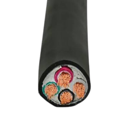 A close-up of a black multi-core cable showing its cross-section, revealing three inner wires with copper-colored strands and colored insulation.