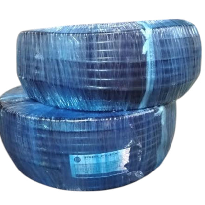 Two large coiled blue hoses stacked on top of each other, wrapped in clear protective plastic with a blue strap and a product label visible on the front.