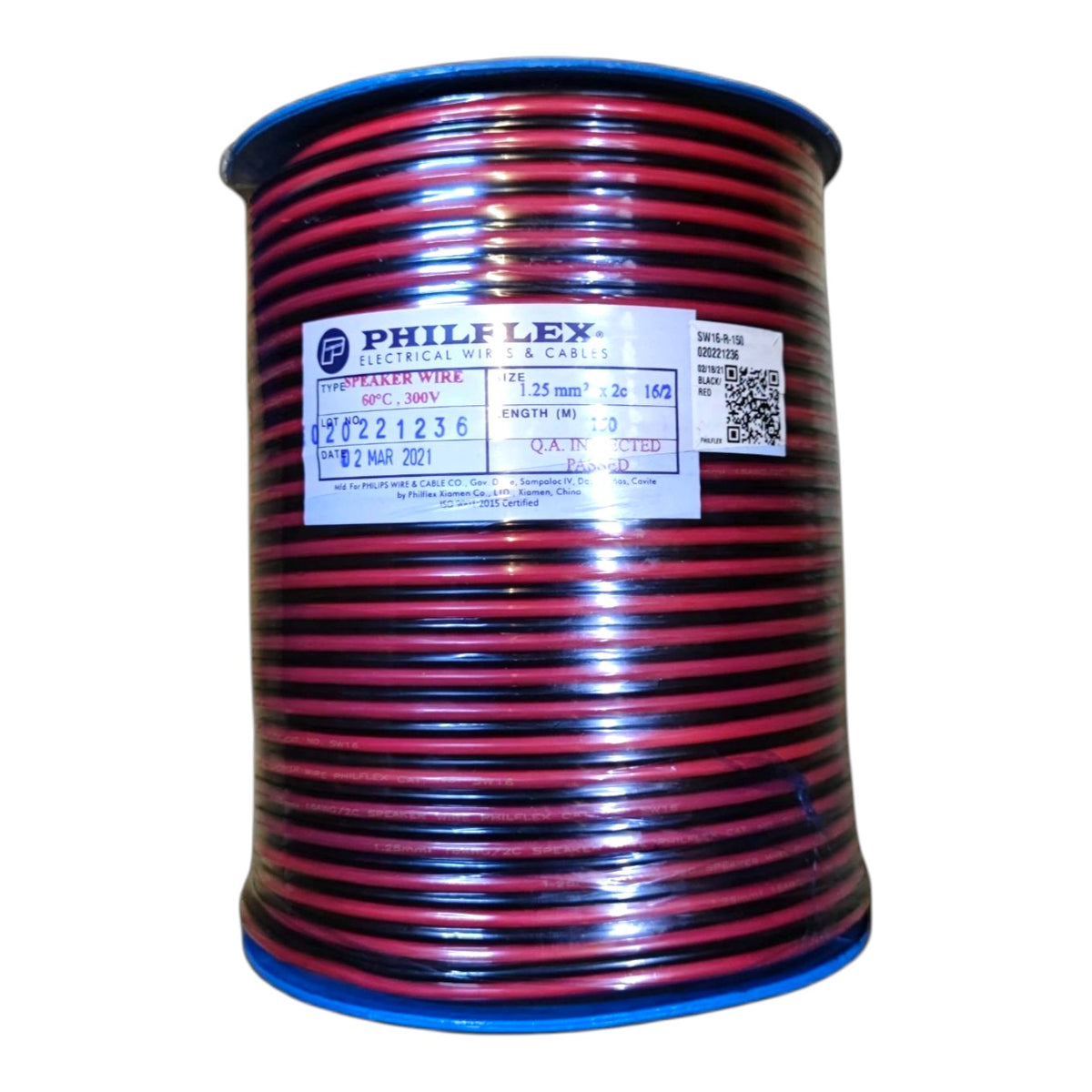 A spool of PHILFLEX electrical wire with red and black striped insulation, featuring a white product label on a plain white background.
