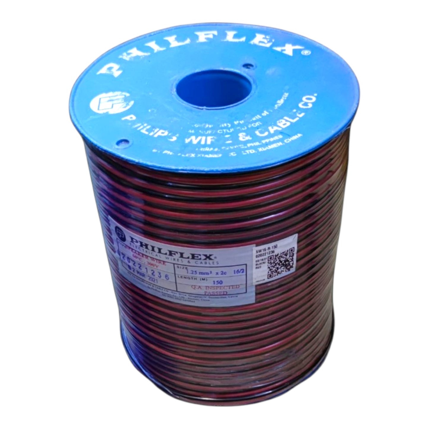 A spool of Philflex RF and Microwave cable, featuring dark red/brown insulated wire wound around a blue plastic core with white branding.