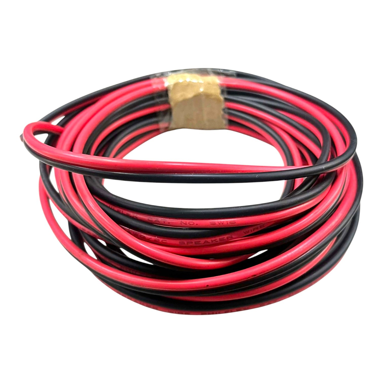 A coiled pair of red and black electrical wire with a brass terminal connector, isolated on a white background.