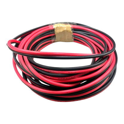 A coiled pair of red and black electrical wire with a brass terminal connector, isolated on a white background.