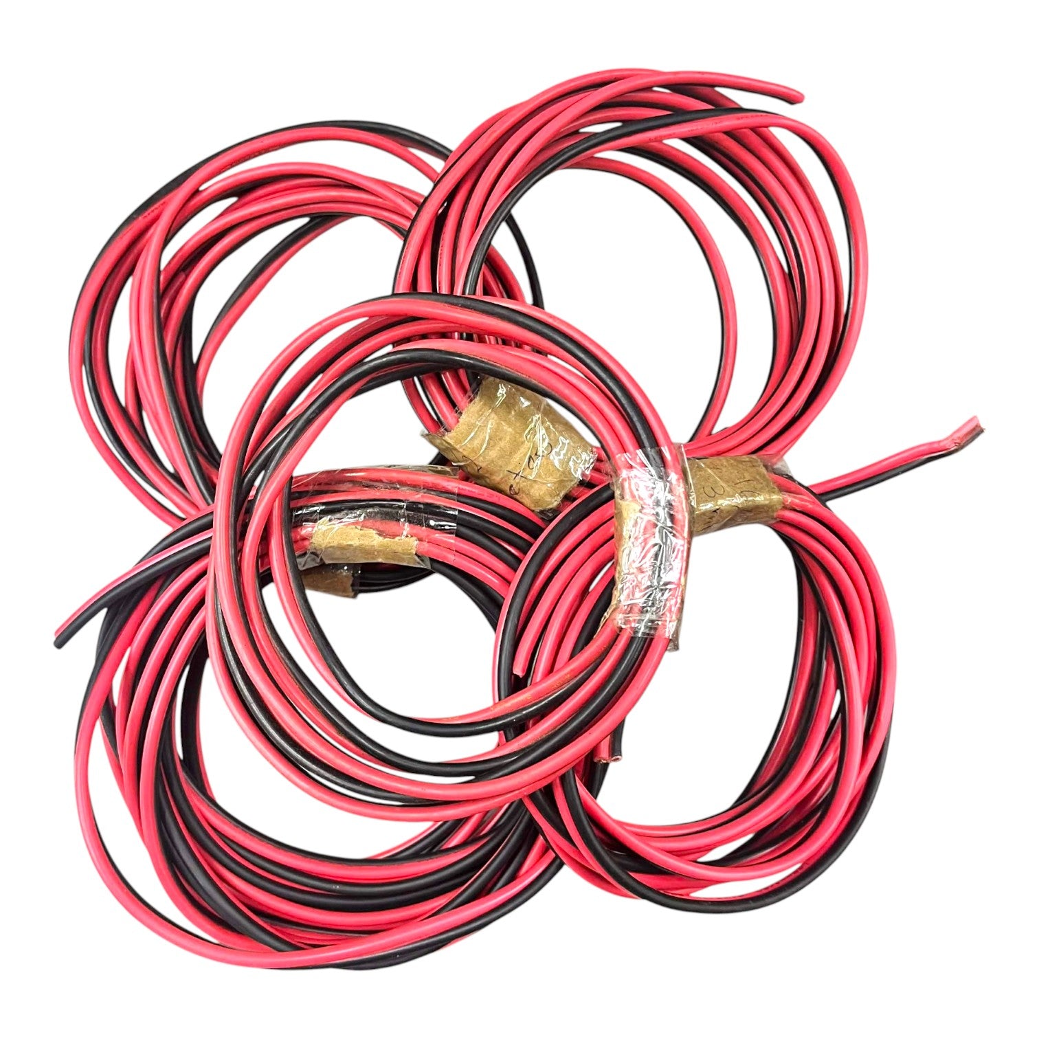 A bundle of red and black electrical wire or cable coiled together, with small clear plastic wraps around some sections, shown on a plain white background.