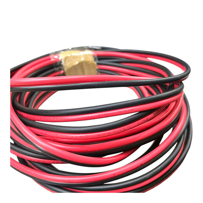 A coiled pair of red and black electrical wire with a brass connector visible near the top, photographed on a plain white background.