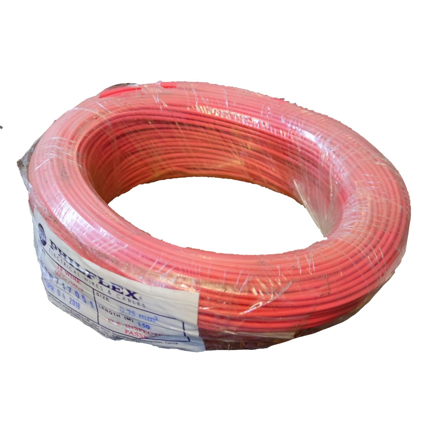 Coiled red cable with a label on a white background