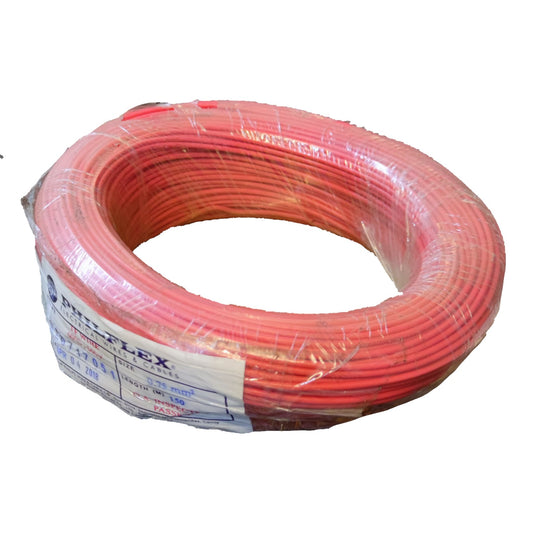 Coiled red cable with a label on a white background