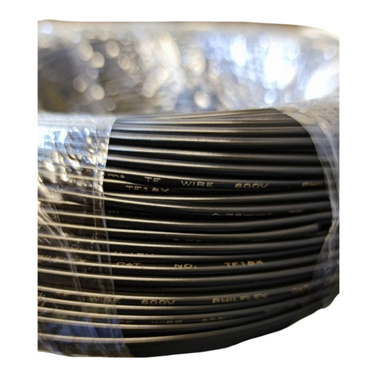 Coiled black wire with visible branding in clear plastic packaging.