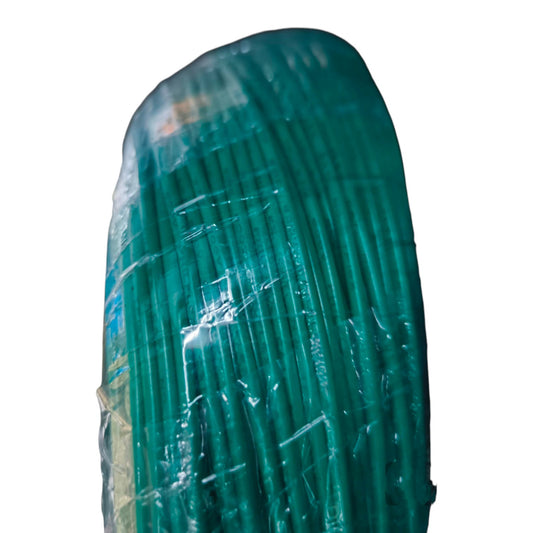 Close-up of green wire coil with clear plastic wrap on a white background