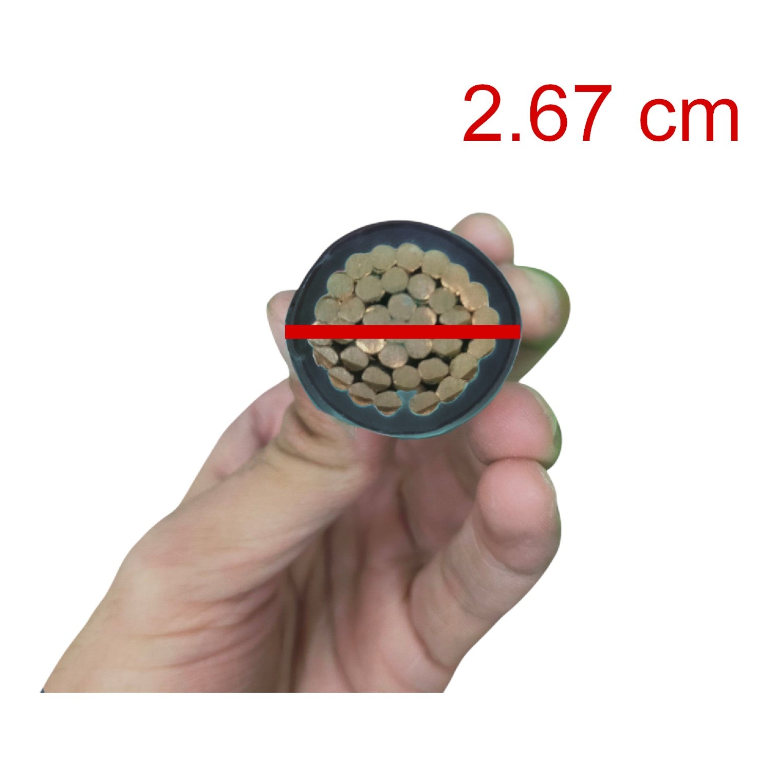 Hand holding a cross-section of a cable with a measurement of 2.67 cm.