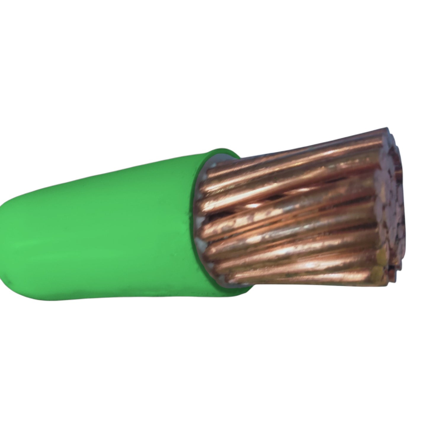 A close-up of a multi-core electrical cable showing a bright green outer sheath and exposed copper-colored internal wires, isolated on a white background.