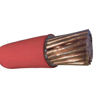 A close-up of a multi-core electrical cable showing a red outer sheath and exposed copper-colored internal wires, isolated on a white background.
