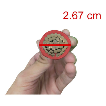 Hand holding a cylindrical object with red measurement label '2.67 cm' on a white background