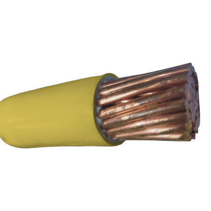 A close-up of a yellow electrical cable with a cut end showing multiple strands of copper wire inside, on a plain white background.