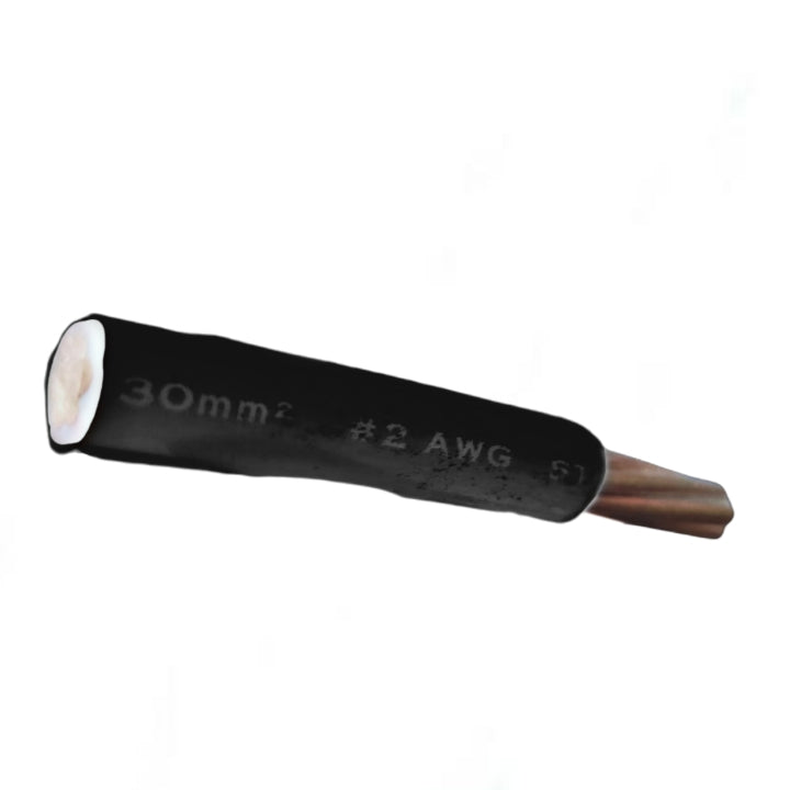 A single black electrical wire or cable sleeve with a copper-colored exposed tip, shown on a plain white background. White printed text on the sleeve reads '30mm2 #2 AWG'.