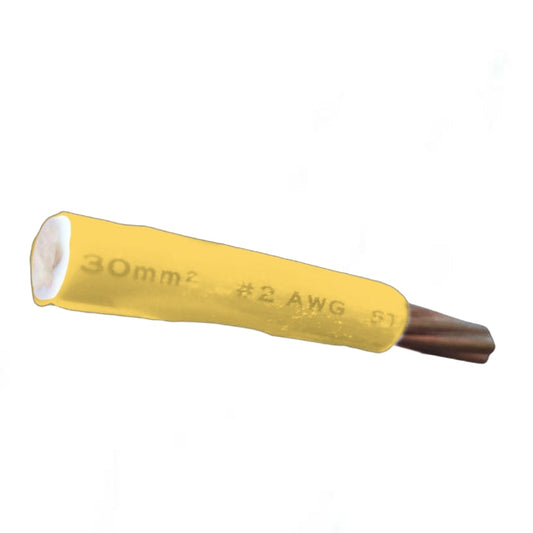 A yellow insulated soldering tip with a copper-colored metal contact point, featuring printed specifications '30mm2 #2 AWG' on a plain white background.