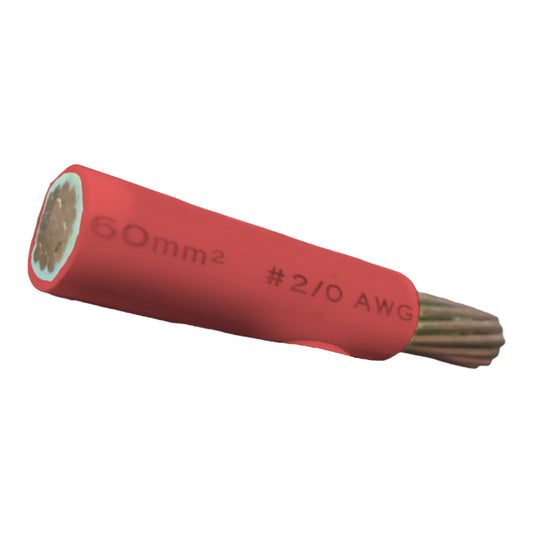 A single piece of red electrical cable with a cross-section view showing the internal copper strands, labeled with '60mm2 #2/0 AWG' on a plain white background.