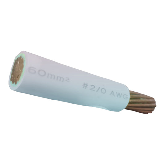 A single electrical cable end shown on a plain white background, with a white outer jacket and exposed copper wire strands. The jacket is printed with the text '60mm2 #2/0 AWG'.