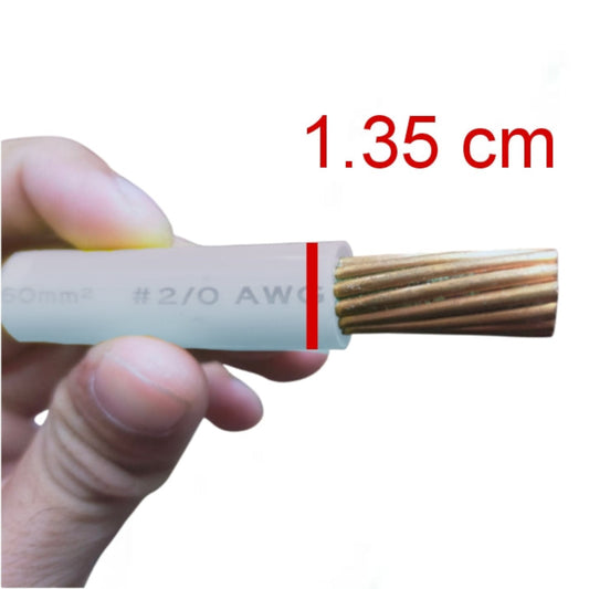 A hand holding a small copper wire cable with a white plastic jacket, showing the exposed multi-strand copper core and a red measurement overlay reading 1.35 cm.