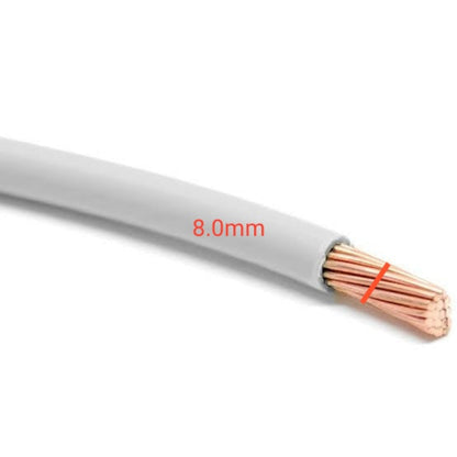 White cable with copper core and a red label indicating 8.0mm diameter on a white background