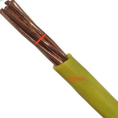 Close-up of a copper wire with yellow insulation and a red marker indicating 8.0mm diameter on a white background.