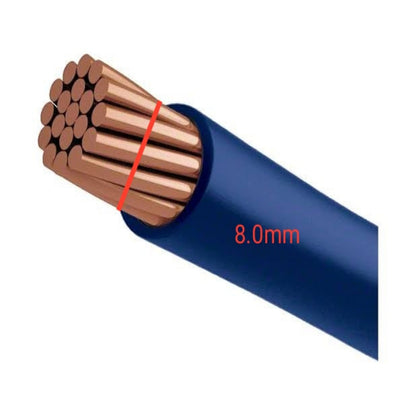 Cable with copper wires and blue insulation, showing a diameter of 8.0mm.