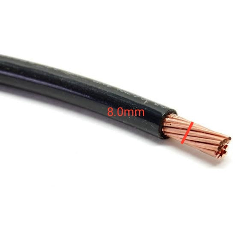 Black wire with copper core and 8.0mm measurement on a white background