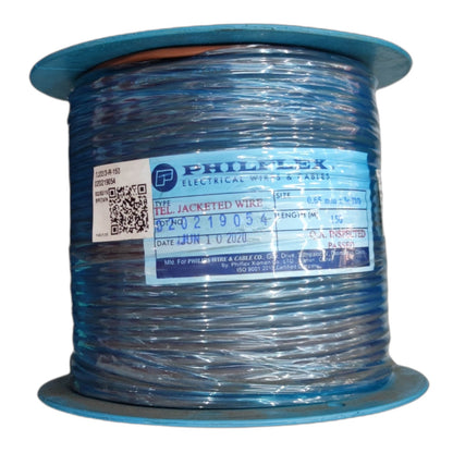 Spool of blue electrical wire with Philflex label on a white background
