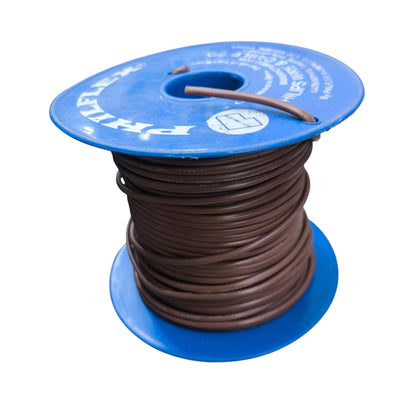 Spool of brown wire on a blue reel with 'Pallet' branding.