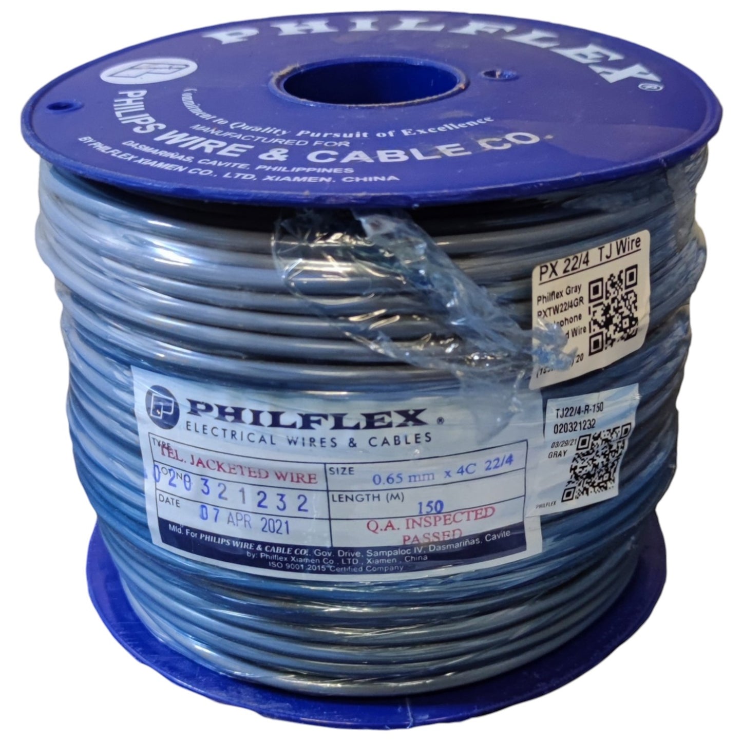Spool of Philflex electrical wire with blue label on a white background