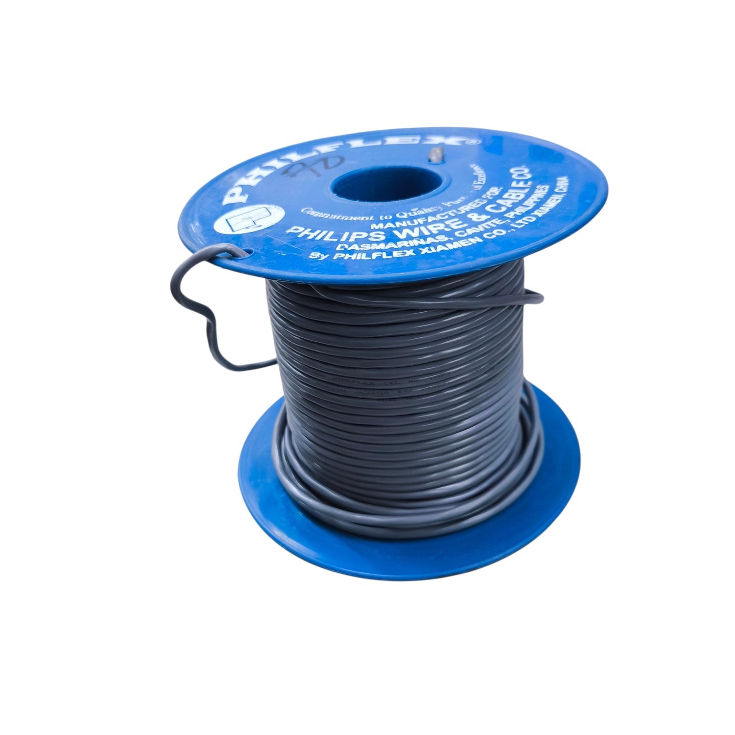Spool of black wire with bluePhilips Wire & Cable label on a white background