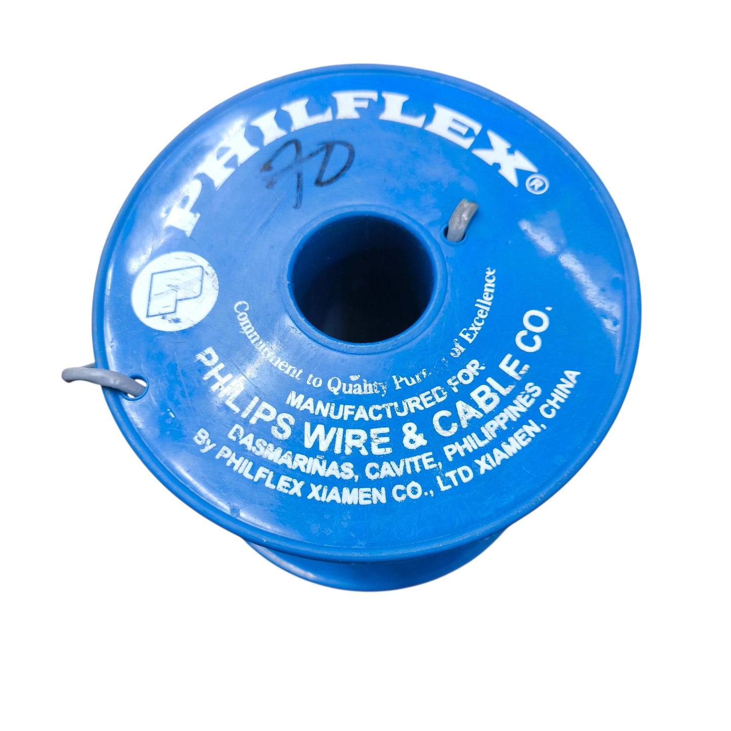 Blue spool of wire with Philflex branding on a white background