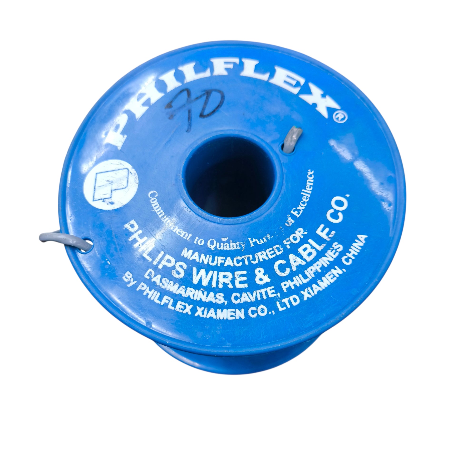 Blue spool of wire with Philflex branding on a white background