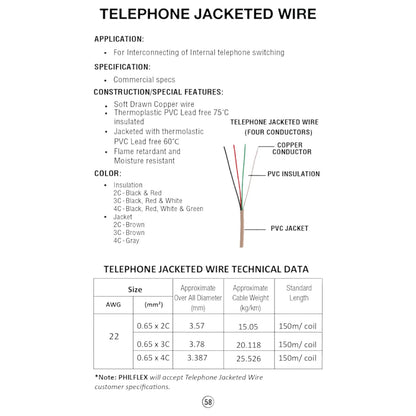 Technical specifications of telephone jacketed wire on a white background