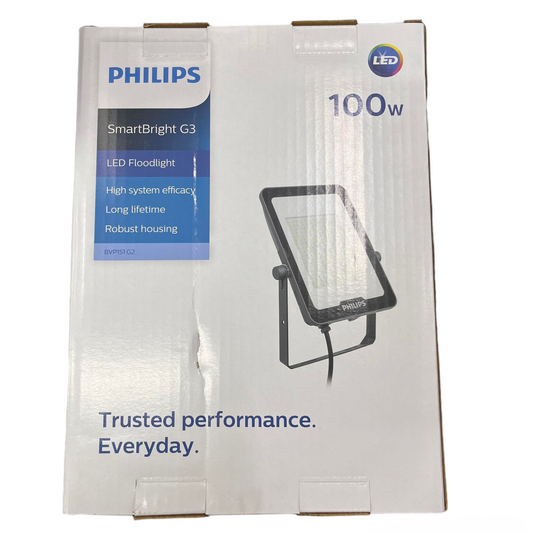 Philips LED floodlight packaging on a white background