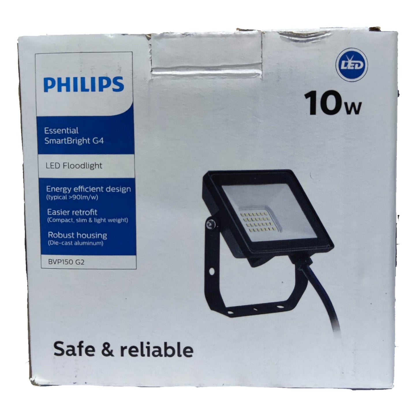 Philips LED floodlight packaging with product image and specifications on a white background