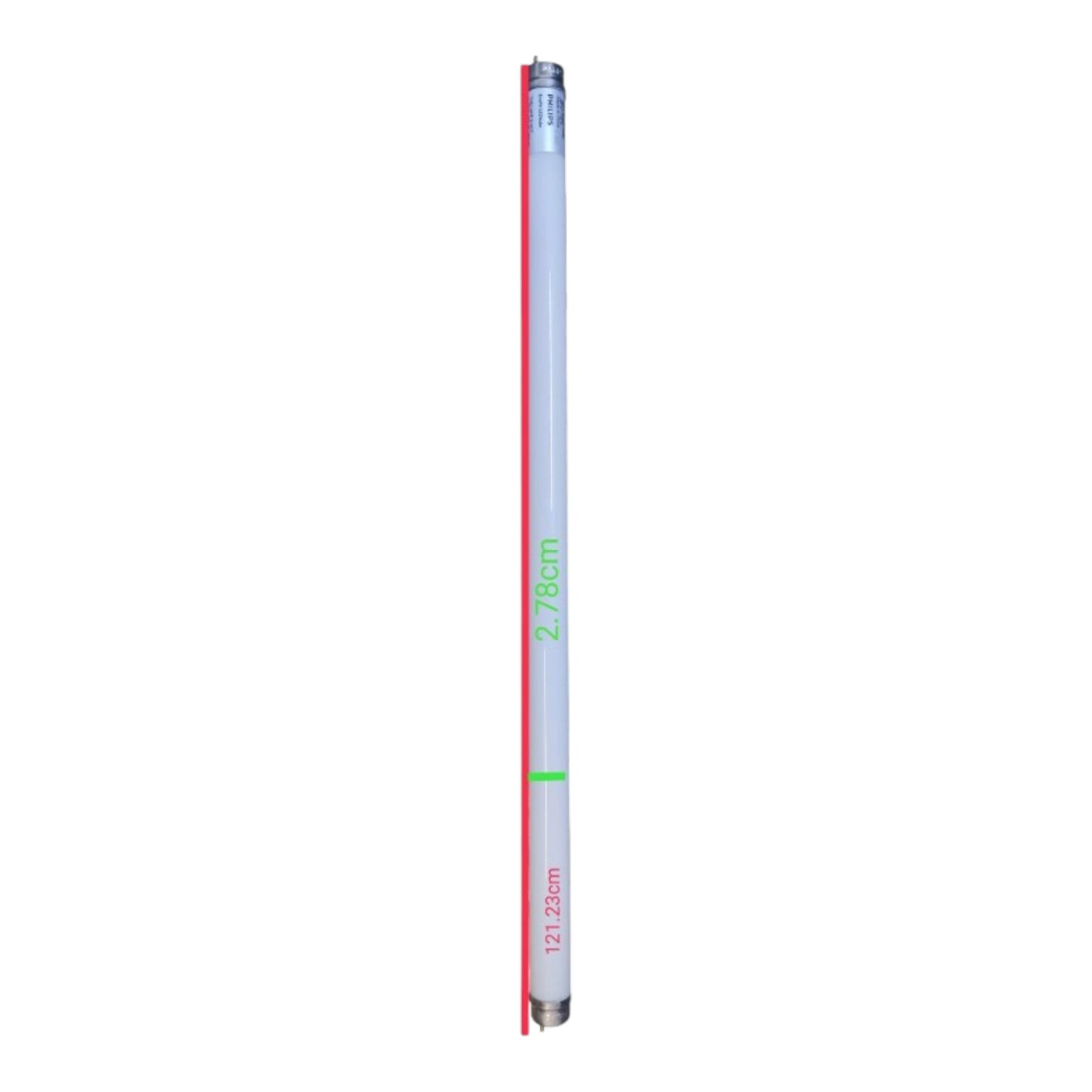 A single fluorescent light tube shown vertically on a plain white background, with printed dimensions in green and red text along the tube.