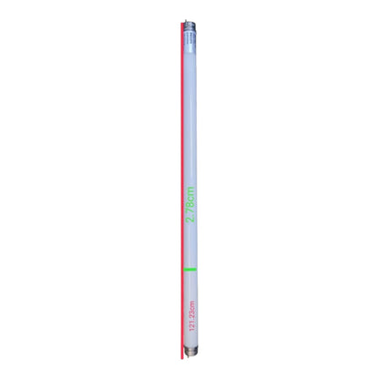A single fluorescent light tube shown vertically on a plain white background, with printed dimensions in green and red text along the tube.