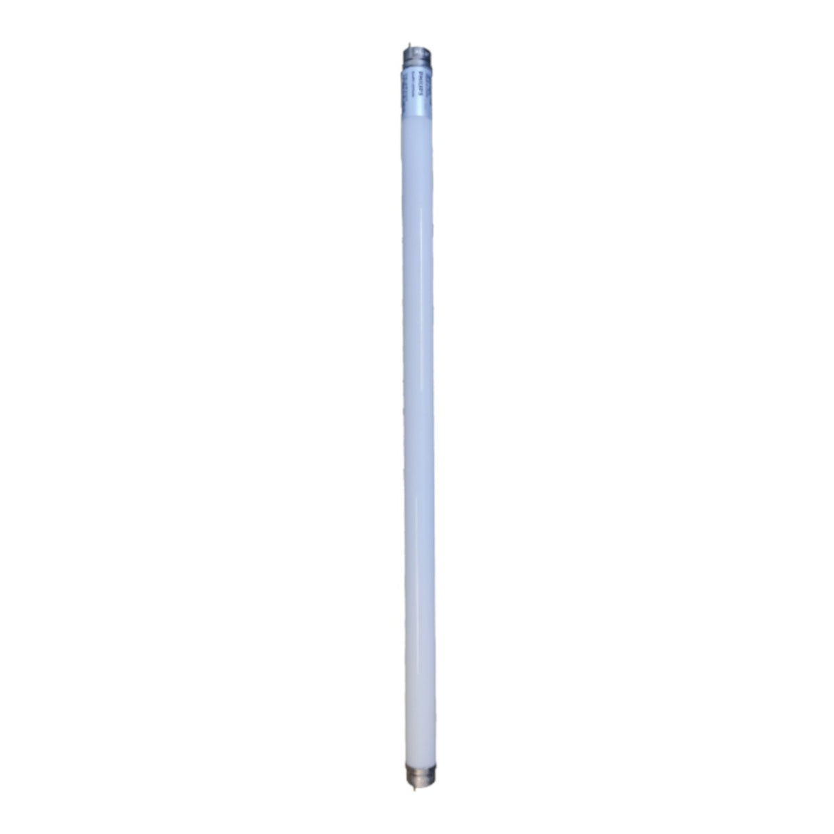 A single long cylindrical fluorescent light tube, vertically oriented, with silver metal caps at the top and bottom, isolated on a solid white background.