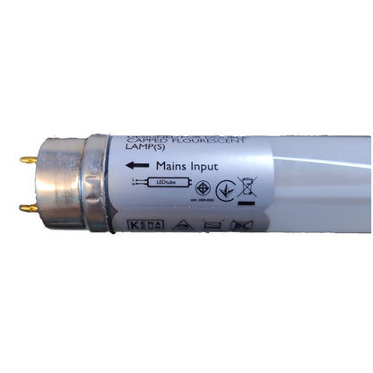 A T8 fluorescent light tube with a silver metal base and a white label showing mains input markings and KECA certification, isolated on a white background.